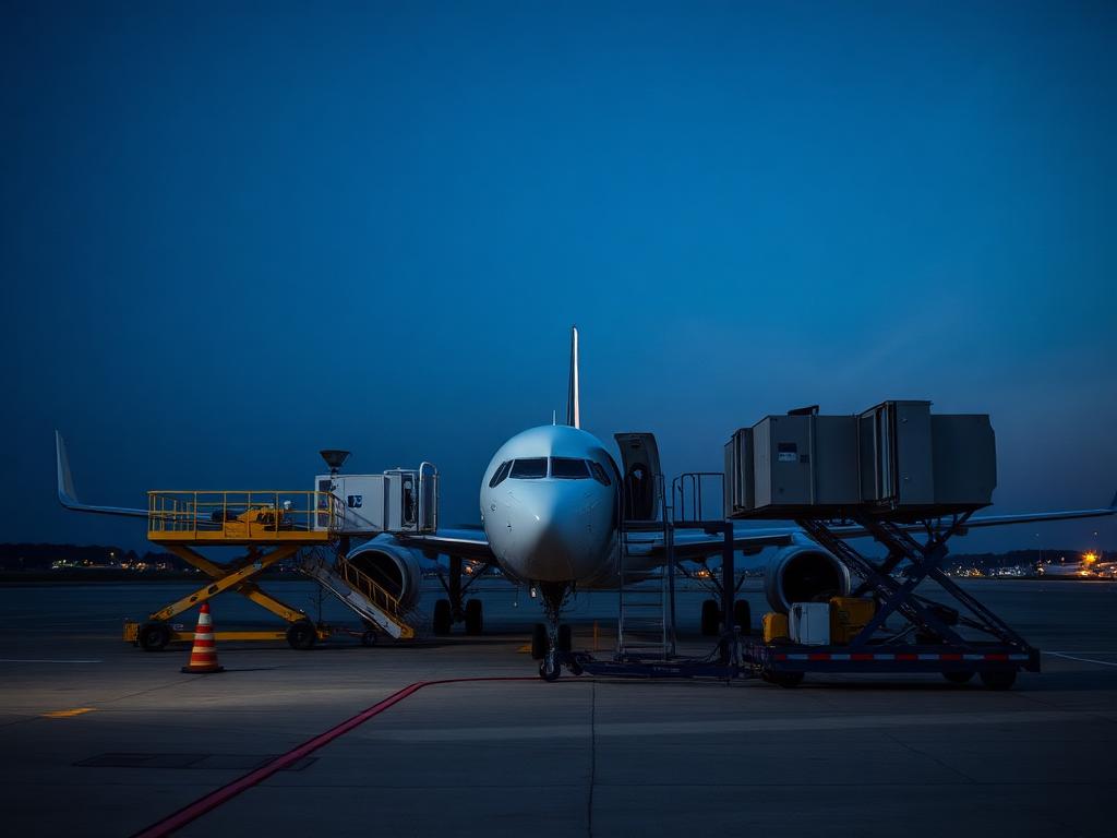 Aircraft ground support equipment on an airport apron at dusk