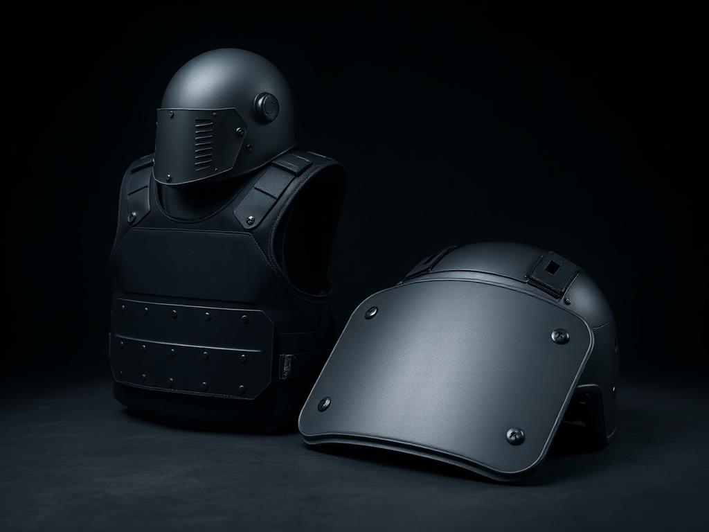Ballistic protection vest and helmet on a dark studio surface