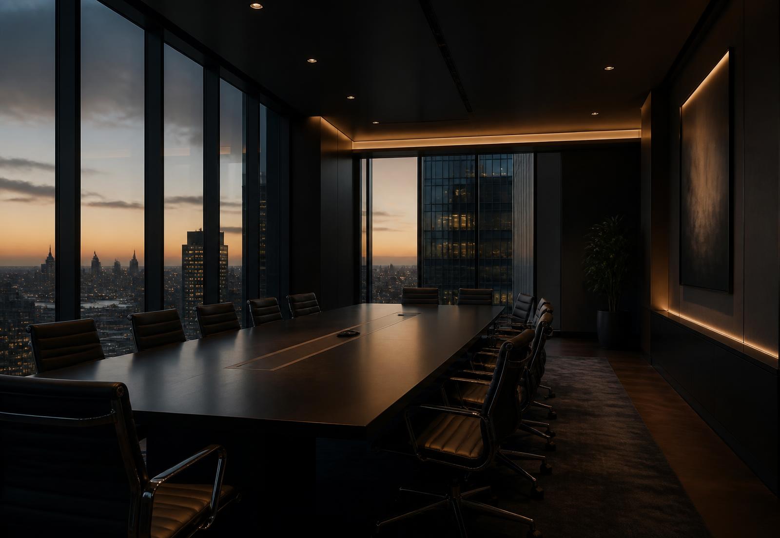 Empty executive boardroom at dusk