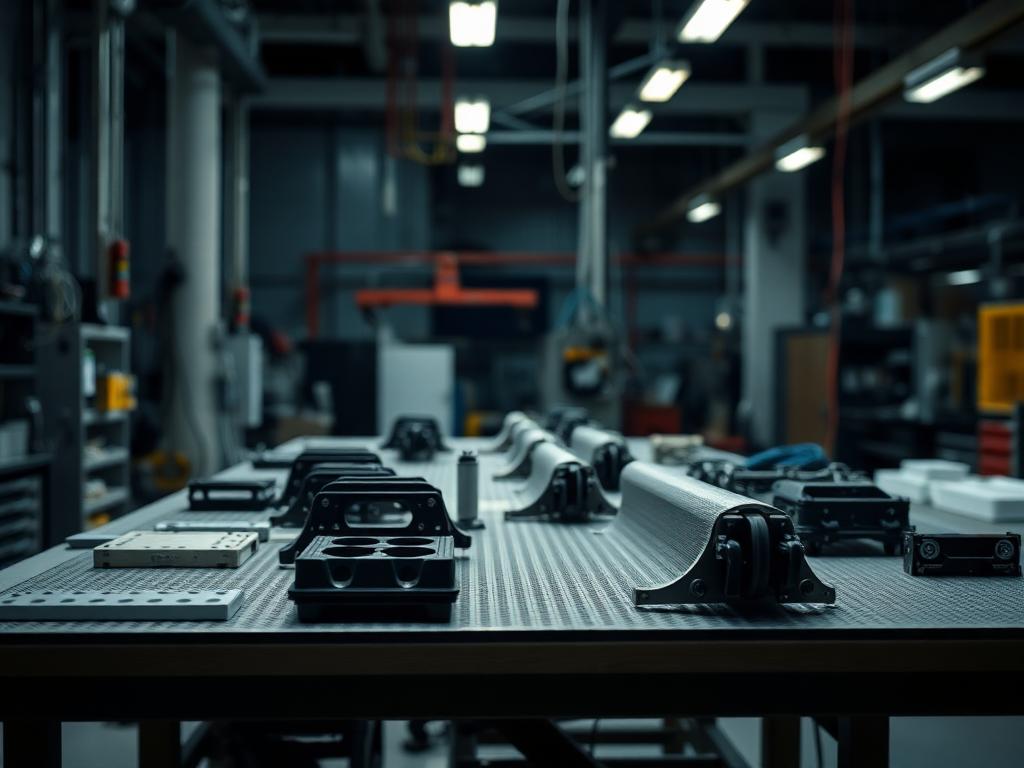 Lightweight engineered composite assemblies on a workbench in a manufacturing facility