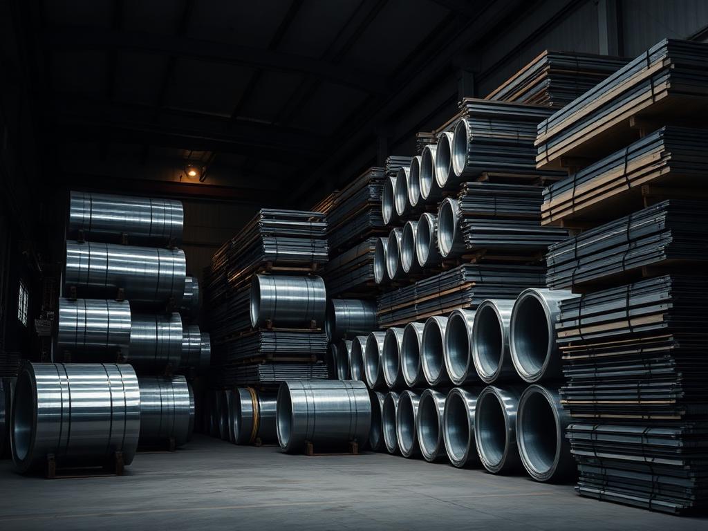 Steel and aluminium coils and profiles stacked in a warehouse