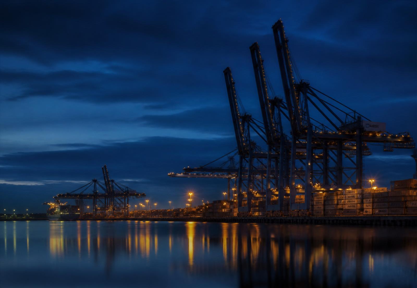 Container port at blue hour on the Eastern Mediterranean