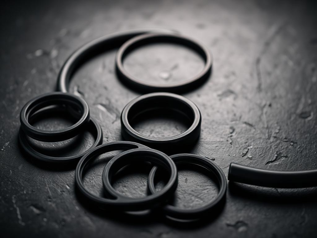 Moulded rubber seals and gaskets on a dark surface