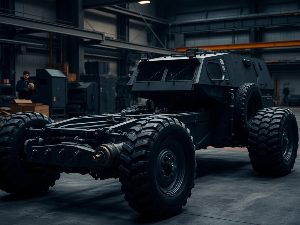 Tactical vehicle chassis and drivetrain components in a workshop