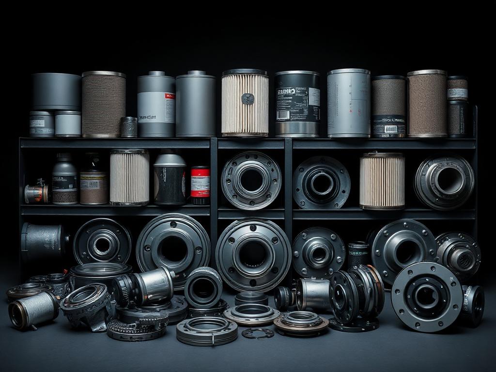 Commercial vehicle components arranged on dark shelving
